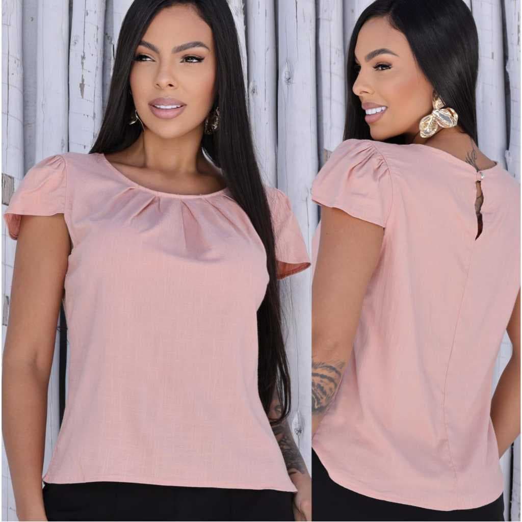 BLUSA FEMININA  COM MANGA COM DETALHE NA GOLA COM ELASTANO NO VISCOLINHO