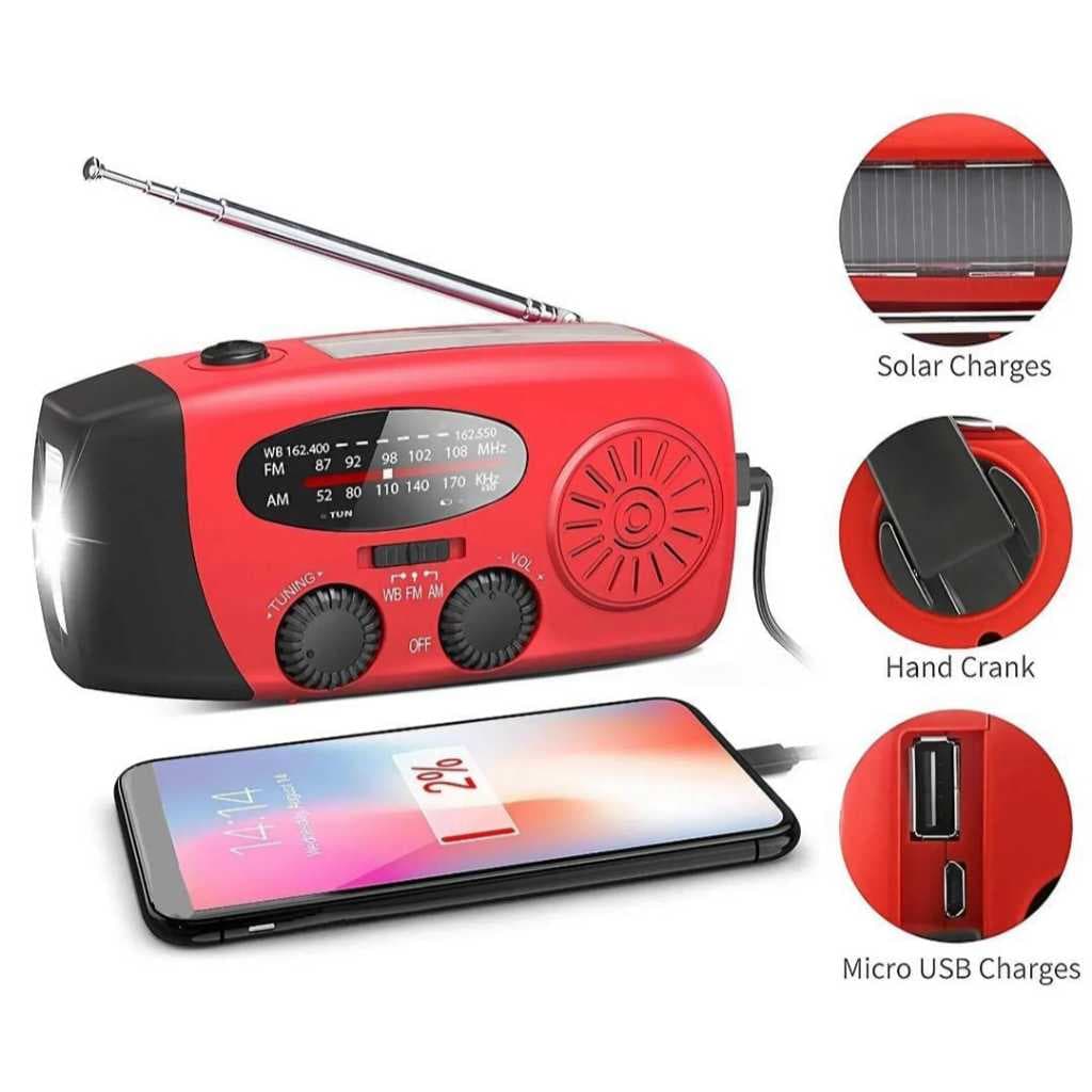 Rádio AM/FM Gerador a Manivela, Solar e Tomada - Lanterna