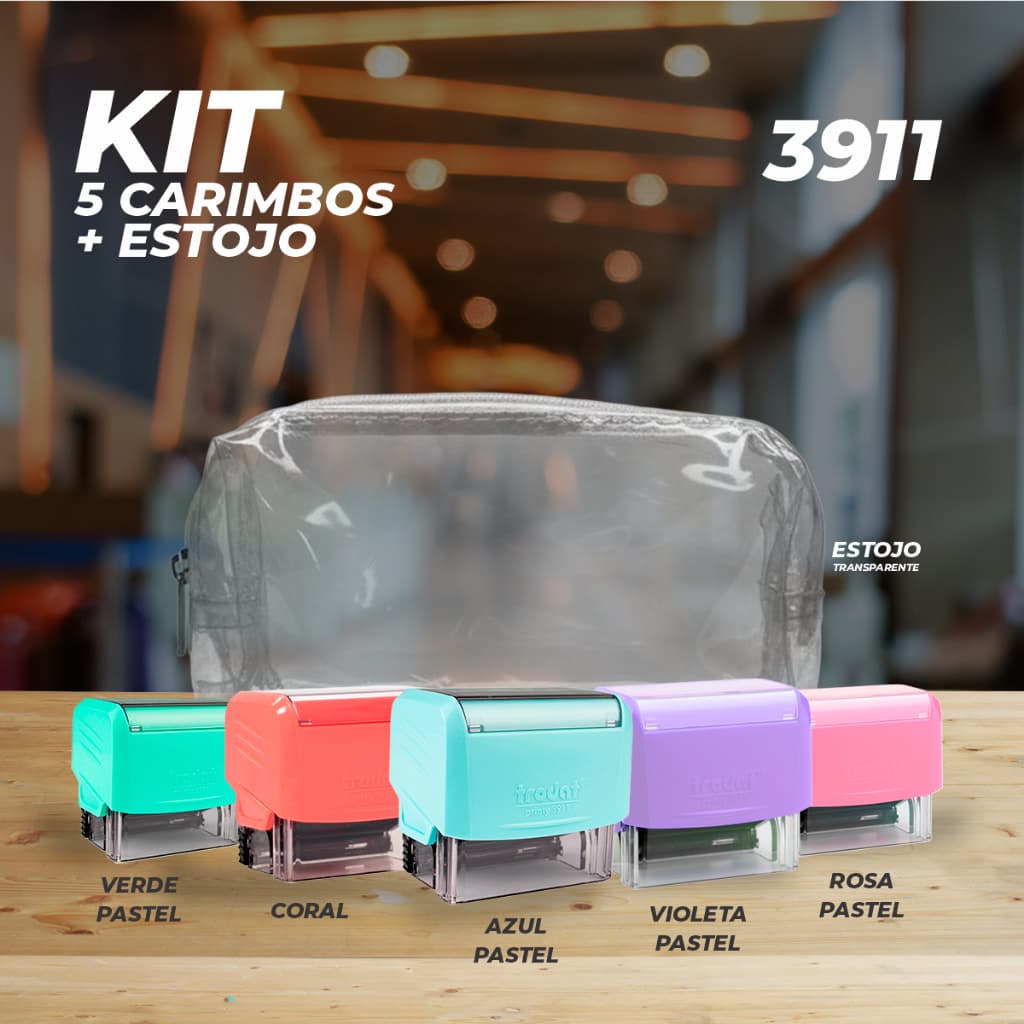 KIT CARIMBO 3911 TRODAT-TONS PASTEIS-VIOLETA-ROSA-VERDE-AZUL E COR CORAL
