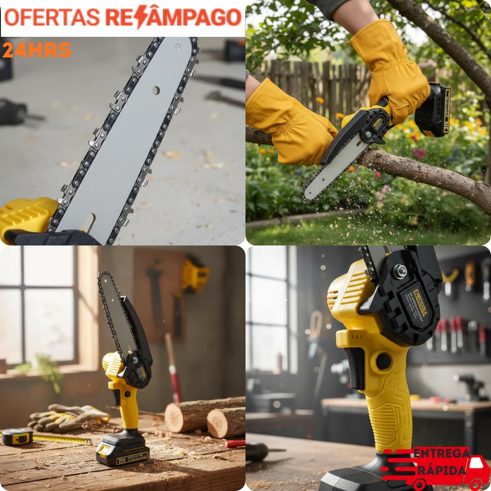 Mini Motosserra Eletrica Compacta Portatil Bateria Recarregavel Alta Potencia Bivolt Poda Arvores Jardiagem Jardim Galho