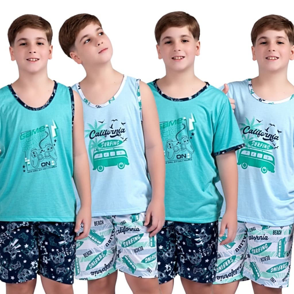 Pijama Infantil Masculino Menino Azul Camiseta Regata Malha Conjunto Camisa Short Premium Envio Rápido