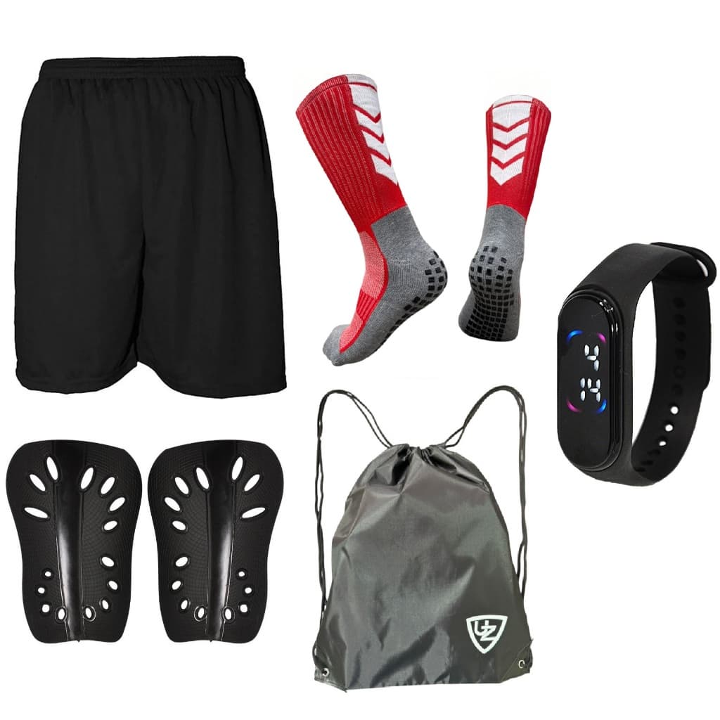 Meião Socks Meia Antiderrapante Short Caneleira Relógio e Mochila Esportiva