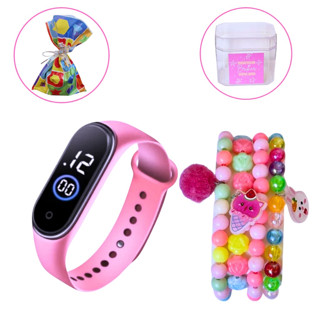 Relógio Digital Infantil Feminino A Prova D`água + 4 Pulseiras miçangas ideal Para Presente Meninas