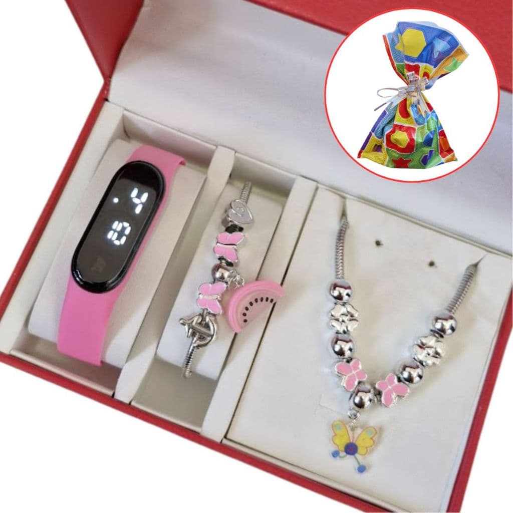 Relógio Infantil menina Digital Led à Prova D'água + Pulseira Colar Infantil menina Berloque - Presente dia das crianças