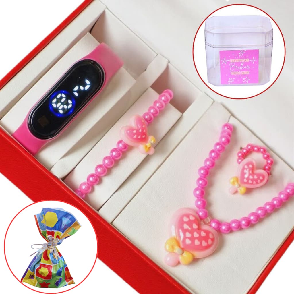 Conjunto Miçangas Colar, Pulseira e Anel + Relógio Digital de Led Infantil menina - Presente menina natal, dia crianças