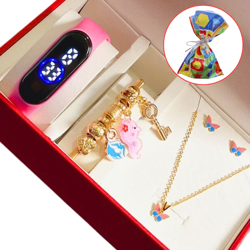 Relógio Infantil Digital  à Prova D'água + Colar Brincos Folheado + Pulseria Berloques -  Presente menina de natal