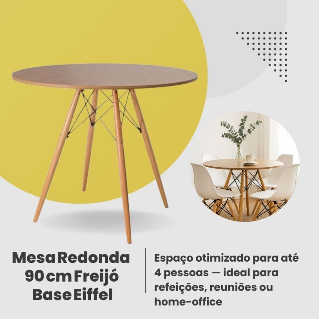 Mesa de Jantar Redonda 90 cm freijó Base Eiffel de Metal Pé Madeira para 4 pessoas