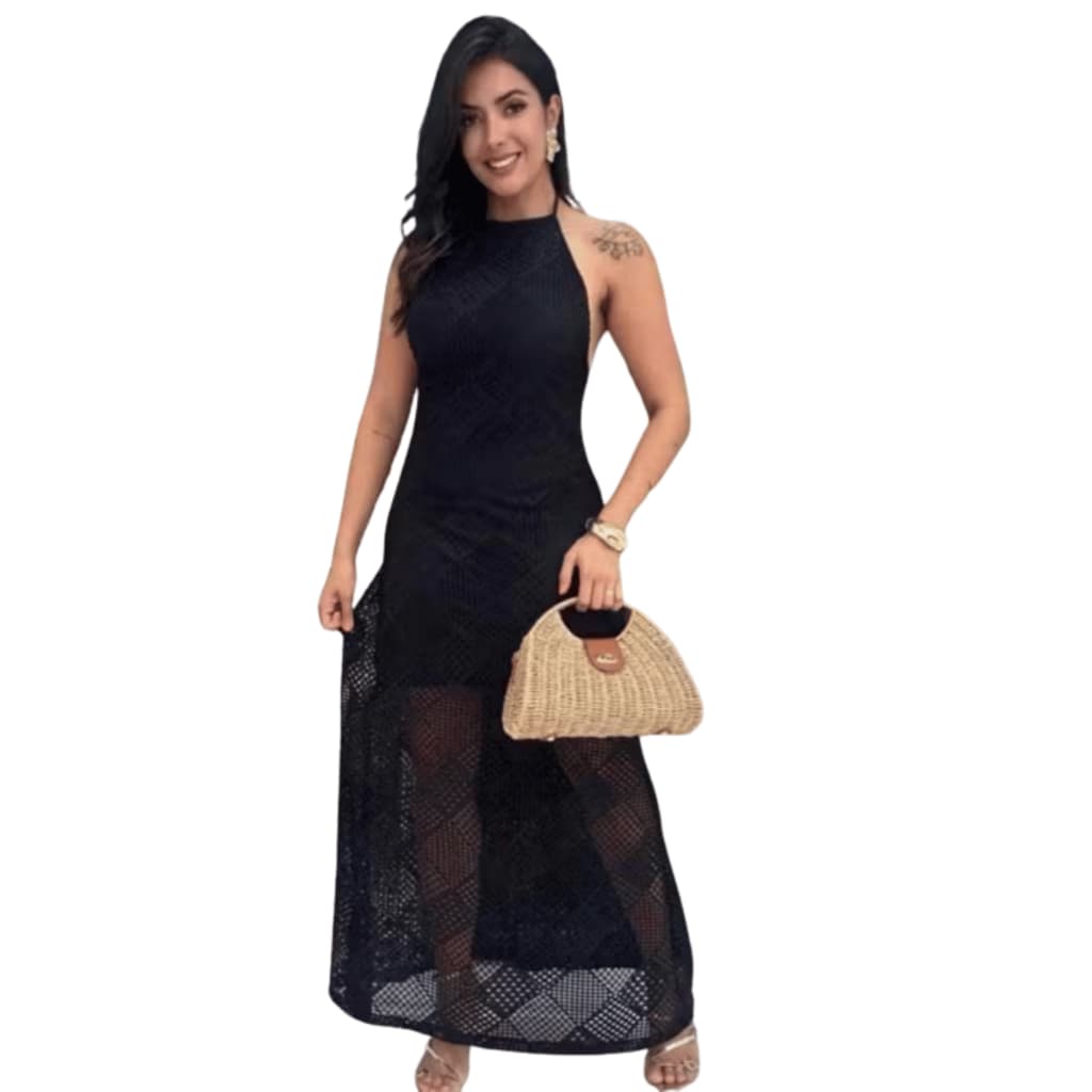 Vestido Longo Feminino Moderno em Tecido Arrastão