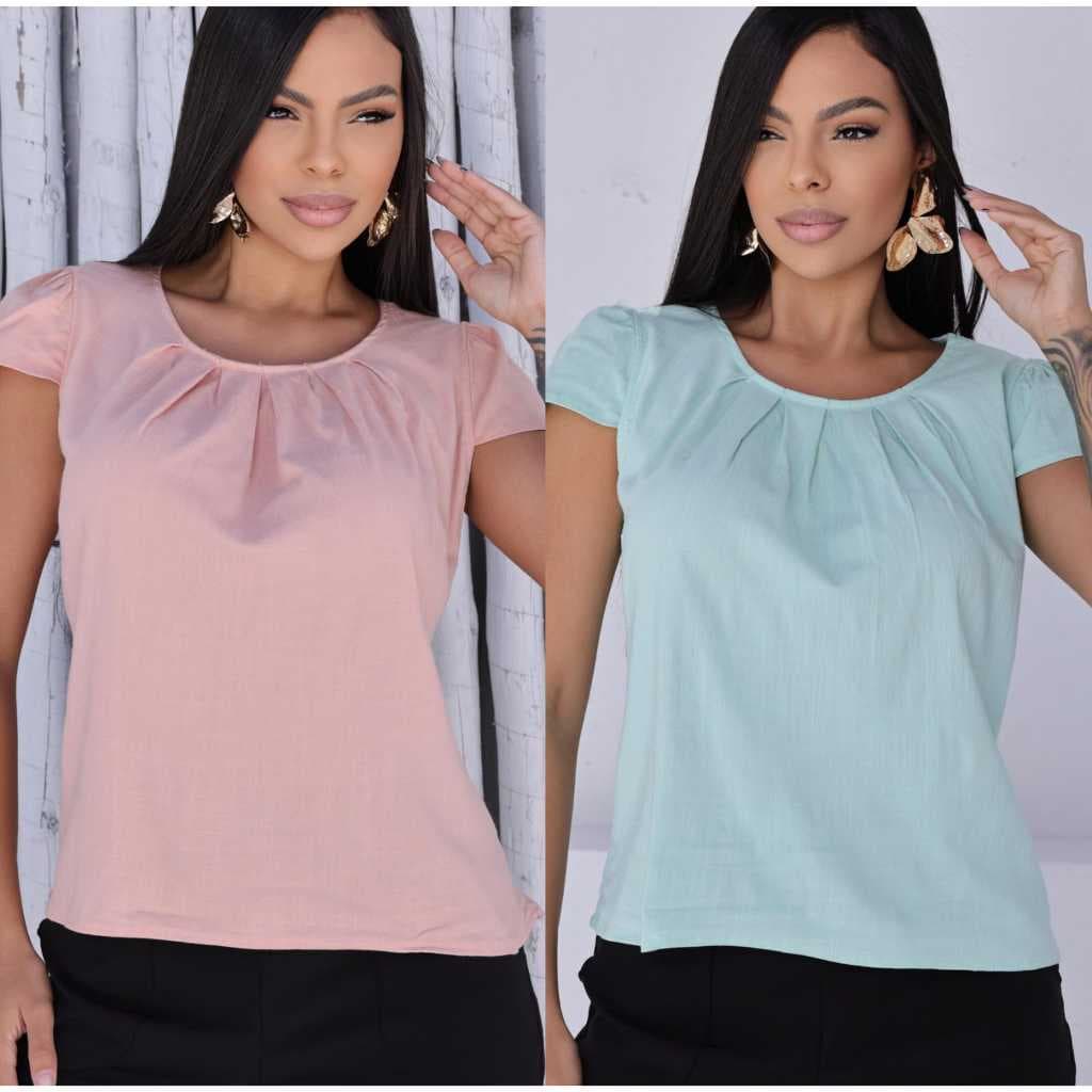 Blusa Feminina em Viscolinho COM ELASTANO – Leve, Moderna e com Elastano com detalhe na gola e manga moderna