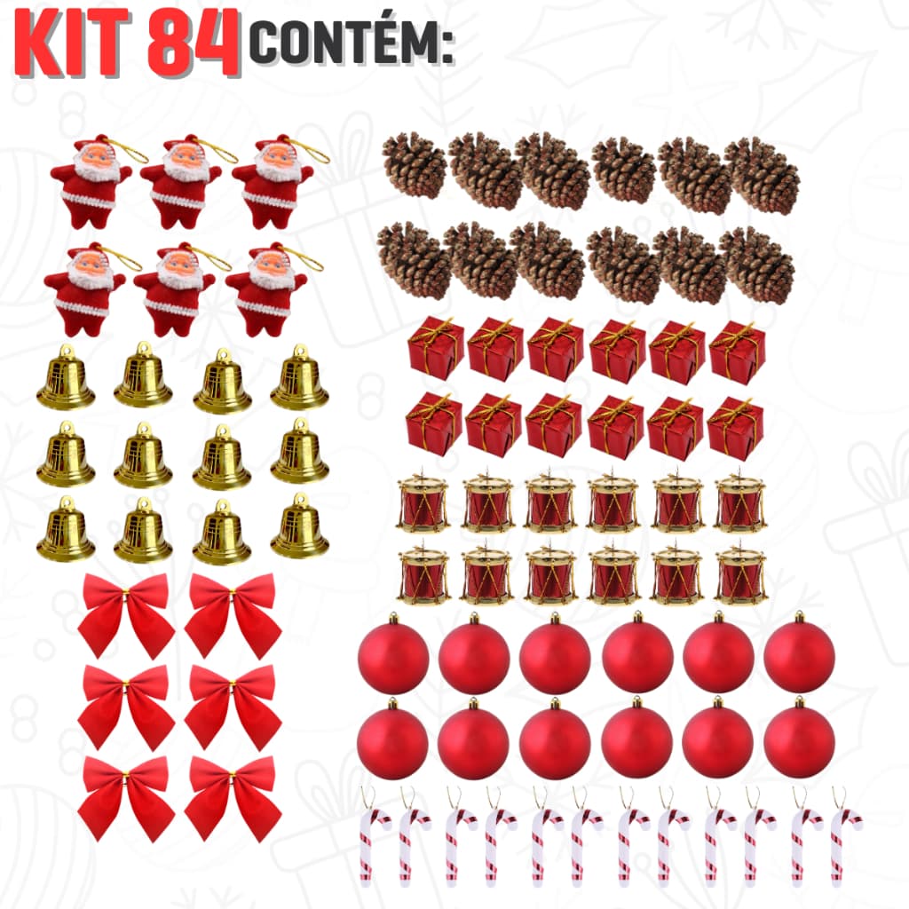 Kit 84/42 Enfeites Decoração Para Arvore De Natal Bolinha Tambor Papai Noel Laços Presente Bengala Pendentes Natalina