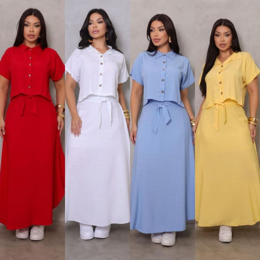 Conjunto Feminino Alfaiataria Cropped e Saia Longa com Fenda Moda Social Evangélica Elegante Premium