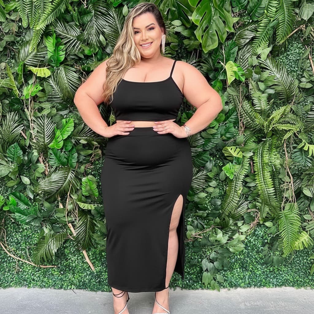 Conjunto Plus Size Premium 2 Peças: Top Cropped de Alça Fina e Saia Longa Justa com Fenda Lateral - Moda Feminina Curvas