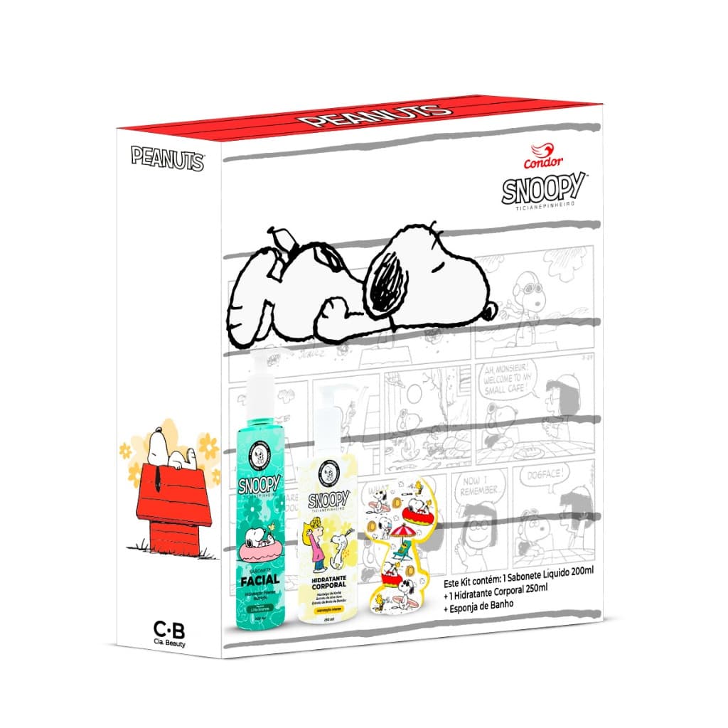 Kit Snoopy Sabonete Facial 200ml + Hidratante Corporal 250ml + Escova facial Com Acido Hialurônico, Manteiga de karité