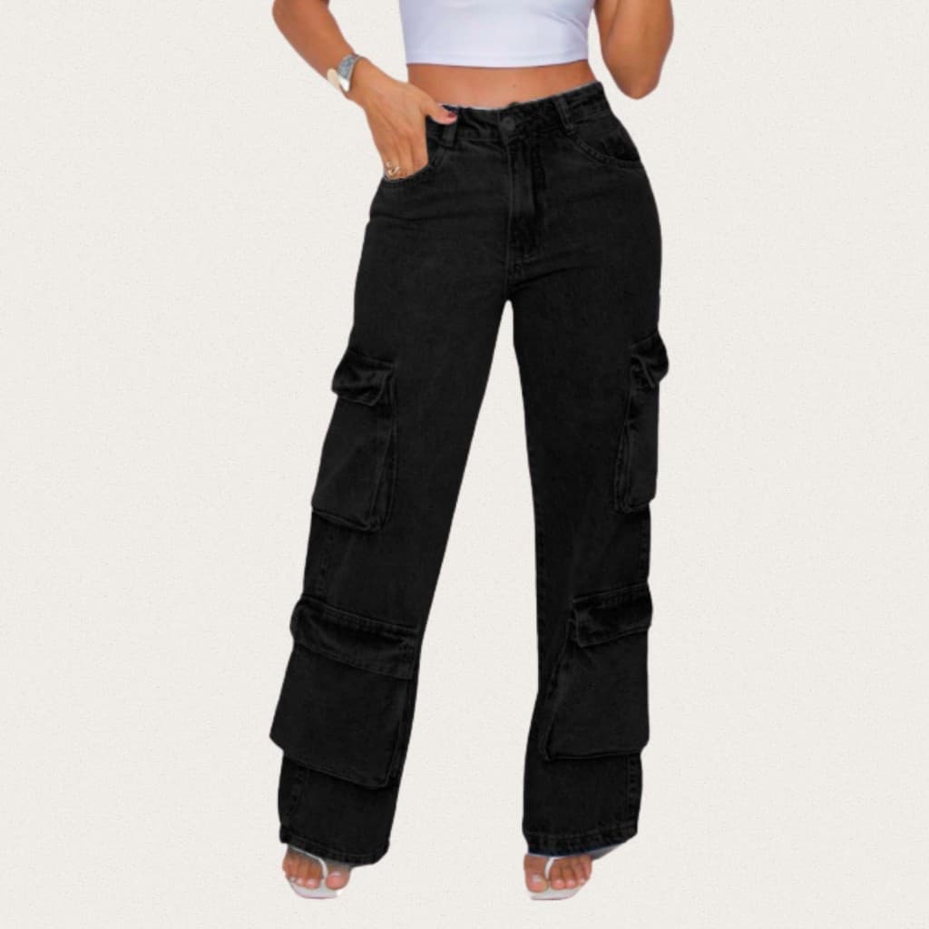 Calça Feminina Jeans Black Preta Quatro Bolsos Fole Estilo Casual Sofisticado Cintura Alta
