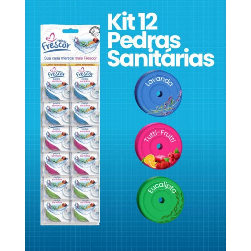 Kit 12 Pedras Sanitárias 18 Gramas Para Vaso Novo Frescor Lavanda Tutti Frutti e Eucalipto