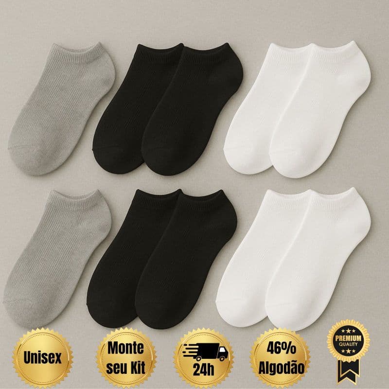 Kit até 24 Meias Soquete Masculino e Feminino Algodão Respirável 46% Cano Curto Qualidade Confortável Branca Preta Cinza