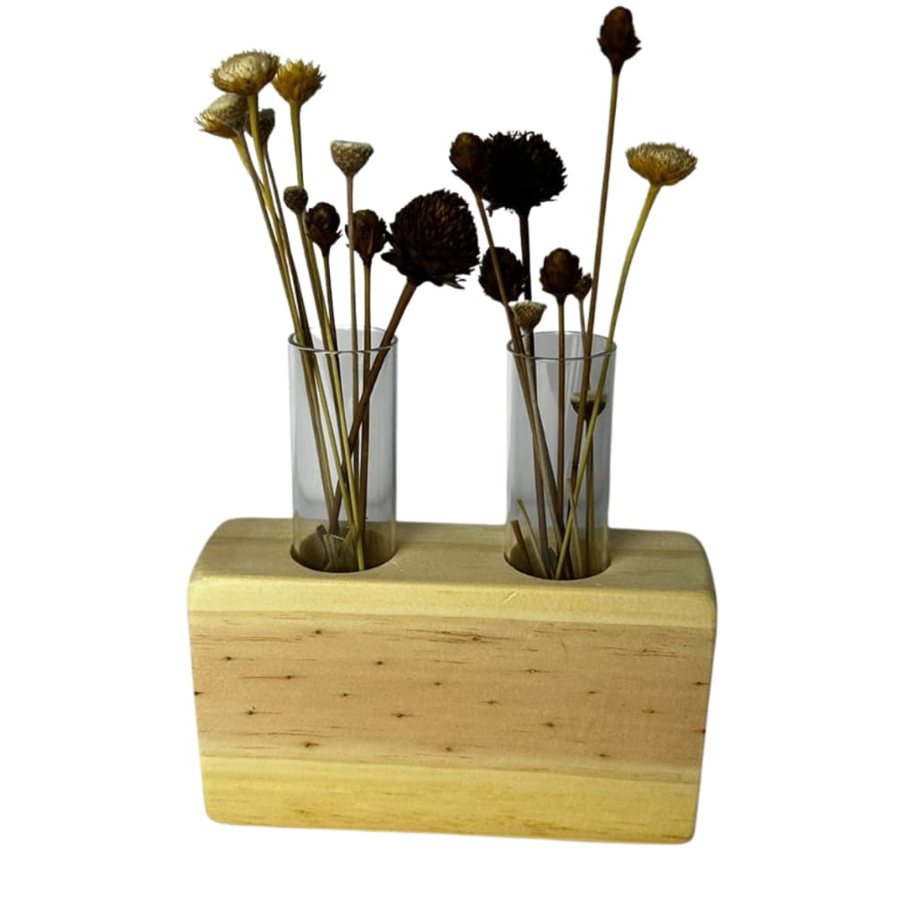 Vasinho Duplo Com Tubos De Vidro Em Pinus Natural Mini Vaso Planta Design Artesanal e Moderno