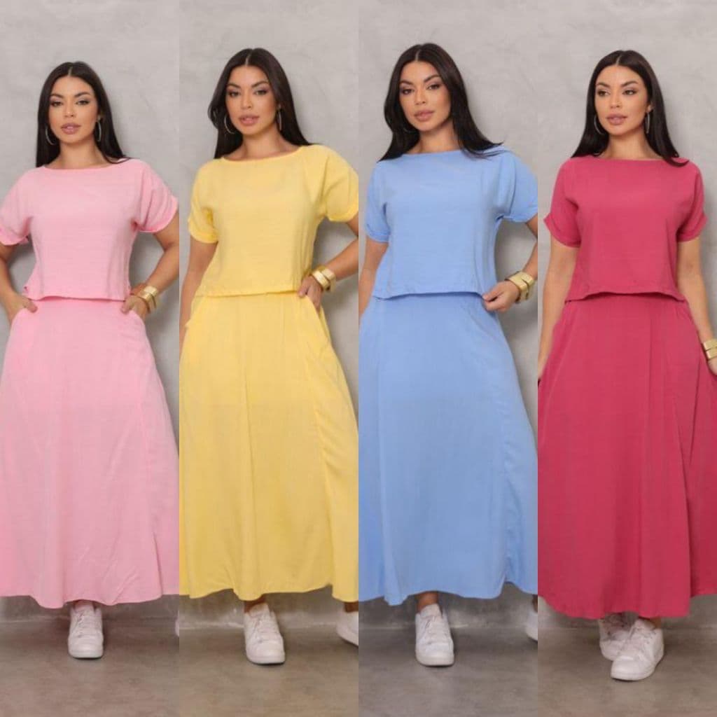 Conjunto Midi Feminino Elegante Saia com Bolsos e Blusa Viscolinho Moda Feminina Casual Premium