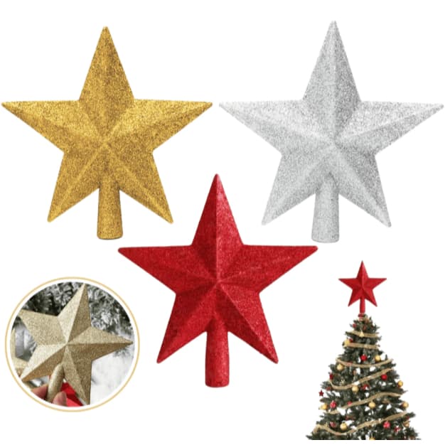 Estrela Ponteira com Glitter Enfeite Natalino Para Árvore de Natal 20cm Brilhante