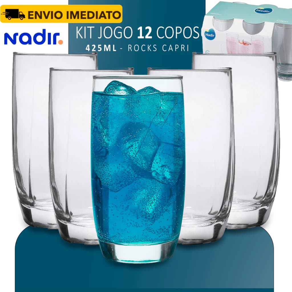 Jogo de Copos Capri Long Drink Nadir - Copo de Beber Suco Kit em Vidro Temperado 12 Peças 425ml