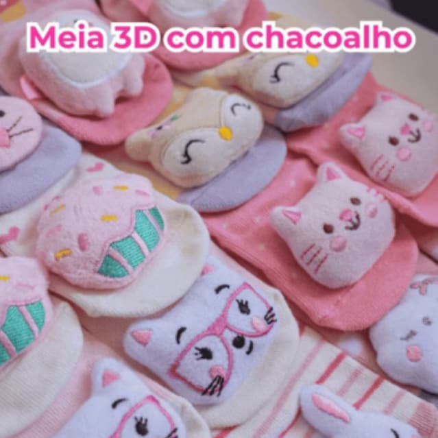 Kit 03 ou 06 Pares Meia Infantil 3D com Chocalho de Bichinho Fofinha Bebê 0 a 12 meses Kits Menino e Menina Meias