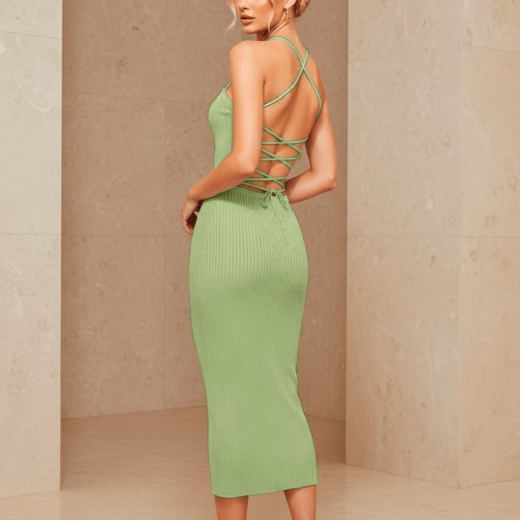 Vestido Midi Feminino Tricot Modal Cruzado Nas Costas Moda Verão Básico Casual Elegante