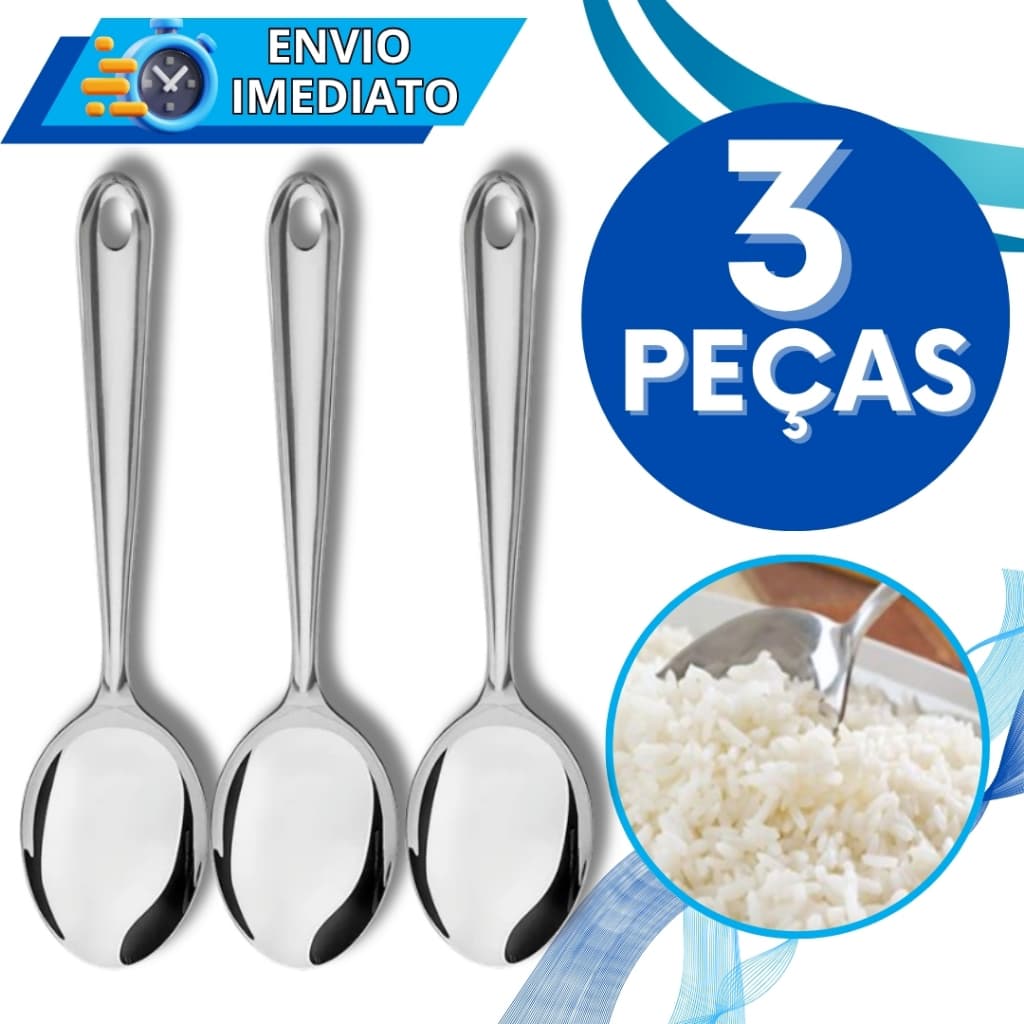 KIT Jogo 3 Colher de Arroz de Servir Aço Inox Polido GRANDE Cabo longo Resistente para Casa Cozinha Restaurante Buffet