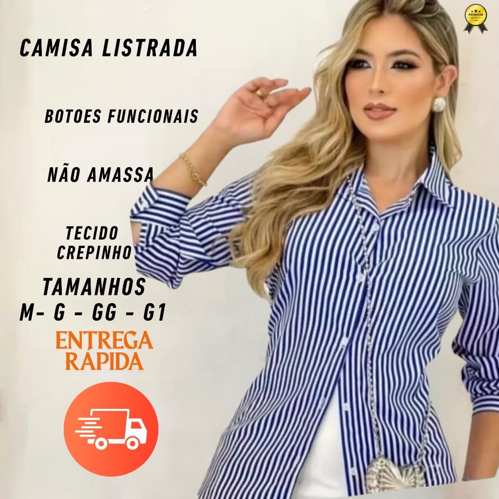 Camisa Listrada Feminina Manga Longa Crepinho para Trabalho M ao G1