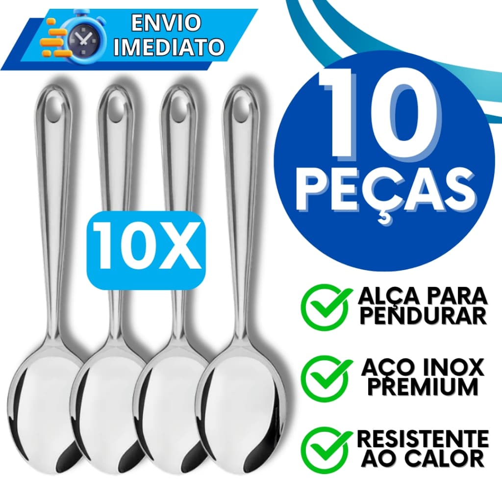 KIT Jogo 10 Colher de Arroz de Servir Aço Inox Polido GRANDE Cabo longo Resistente para Casa Cozinha Restaurante Buffet