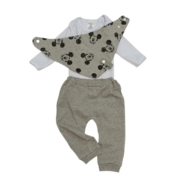 Kit 3 peças mijão body e babador com prendedor de chupeta