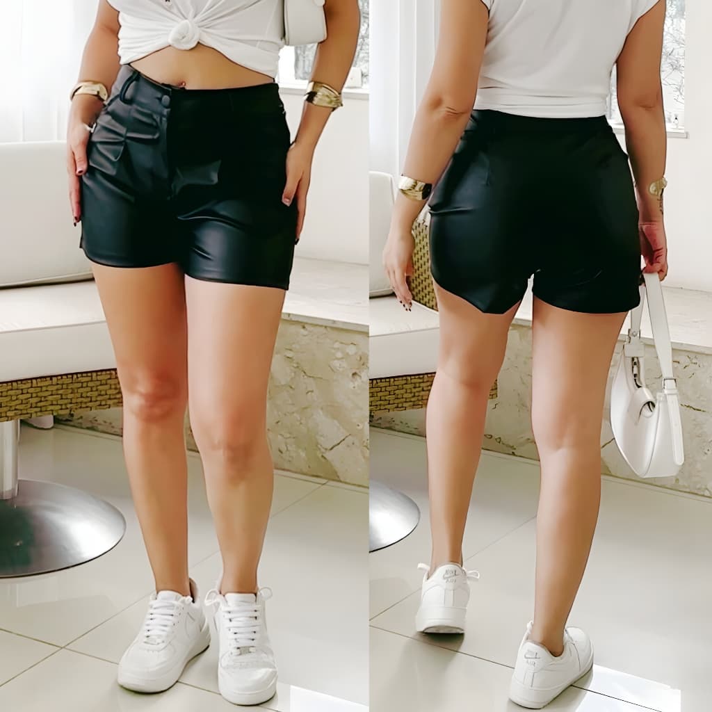 Short feminino couro fake com bolso shorts cintura alta elegante tendência 2026