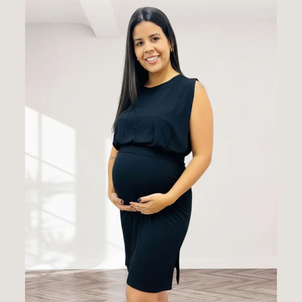Vestido Midi Gestante Amamentação Elegante Maternidade Cós Anatômico Confortável