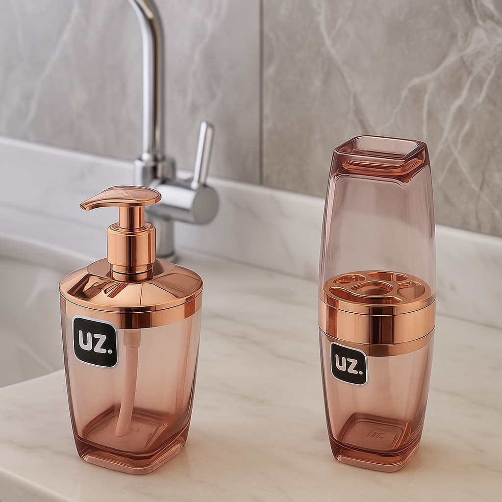 Kit Banheiro Elegante Porta Sabonete Líquido 350ml e Porta Escova UZ - Acessórios para Banheiro