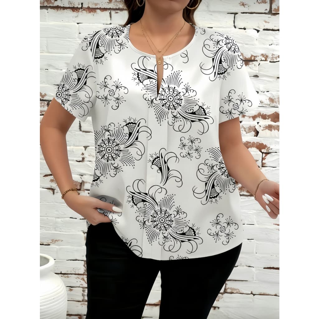 Camisa Elegante De Verão De Manga Curta Com Decote Em V E Estampa Floral, Plus Size G1 G2 G3 G4