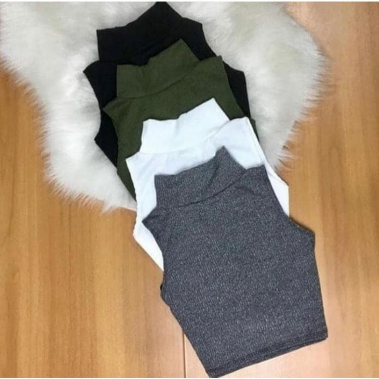 Kit 4 Cropped Regata Blusa Gola Alta Canelado Moda Feminina Blogueira Tendência com Proteção UV50+