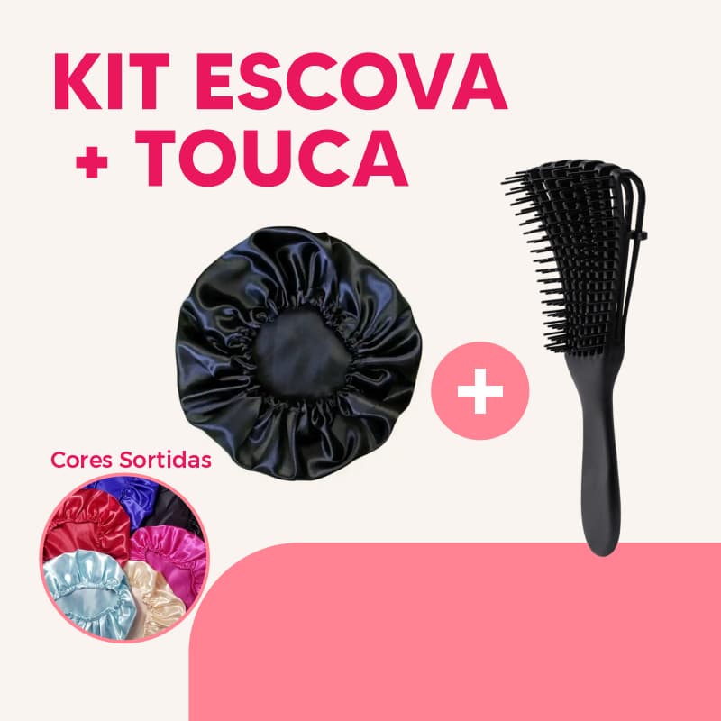 Kit Escova Polvo Modeladora Cabelo Cacheado + Touca de Cetim Anti Frizz Noturna