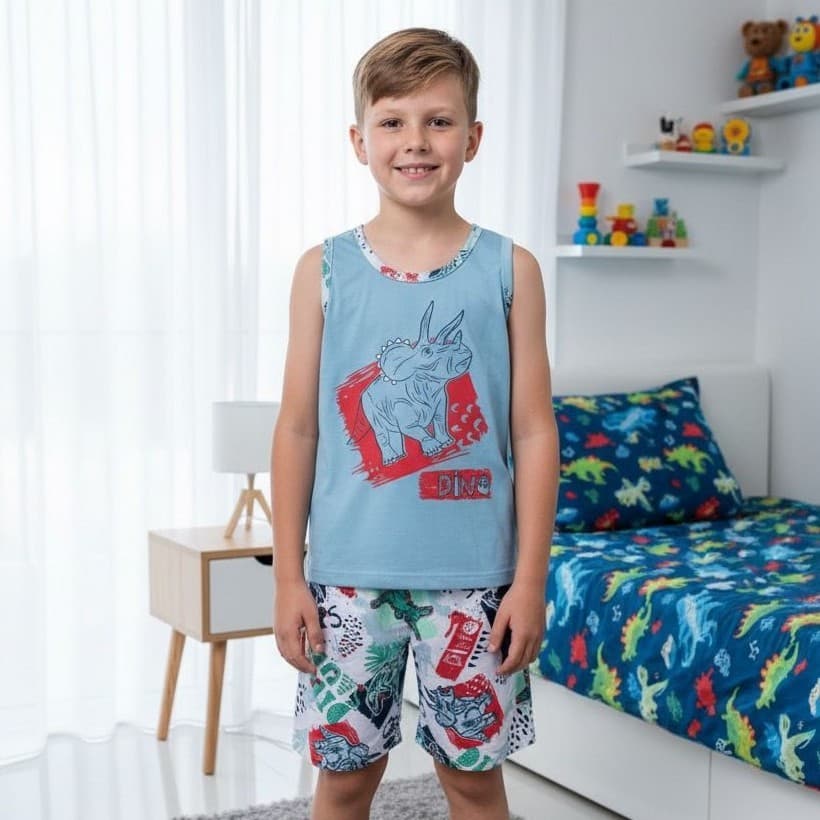 Pijama Infantil Masculino Menino Estampado Azul Conjunto Camiseta Regata Malha Camisa Short Premium Envio Rápido