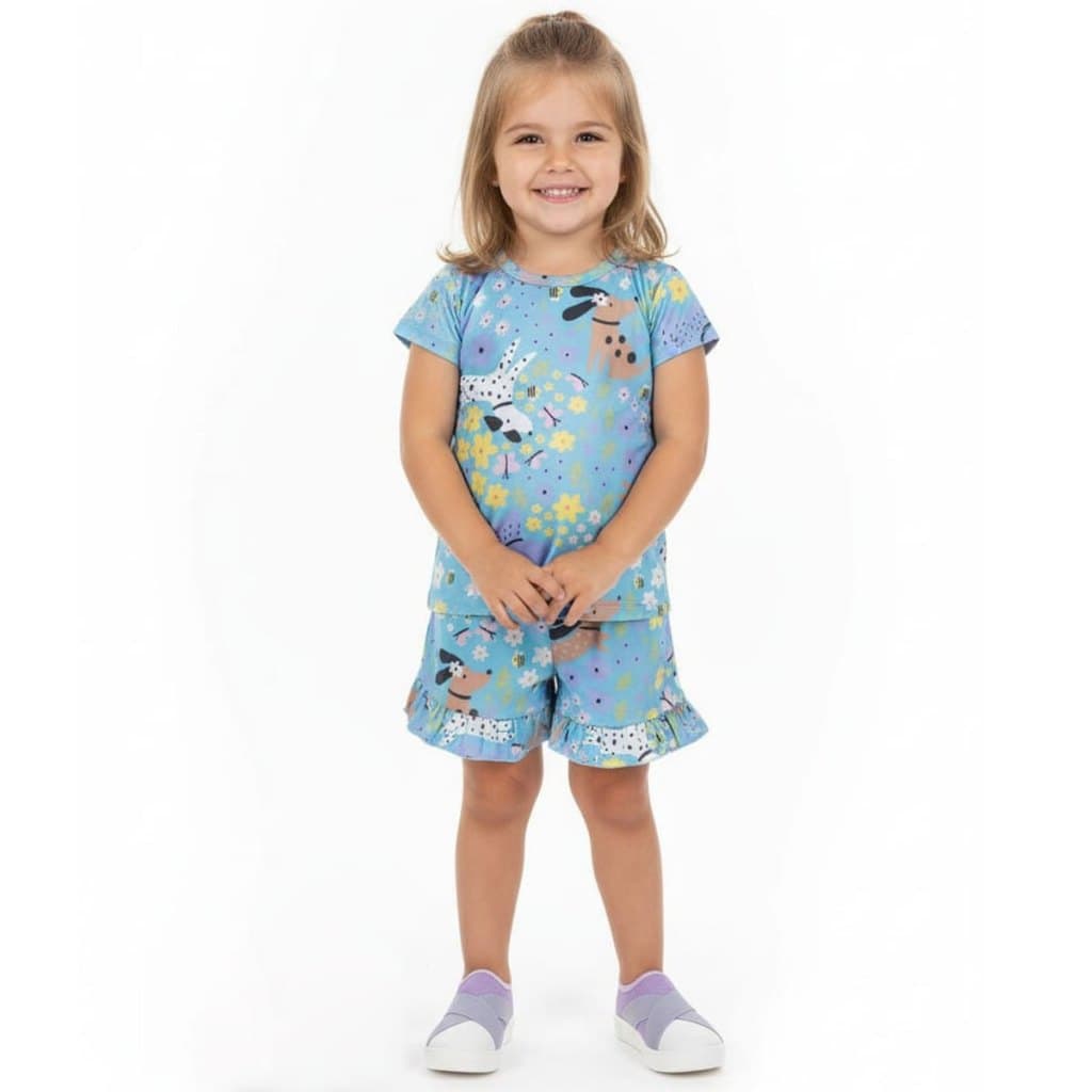 Conjunto Infantil Menina Estampado Dogs Azul