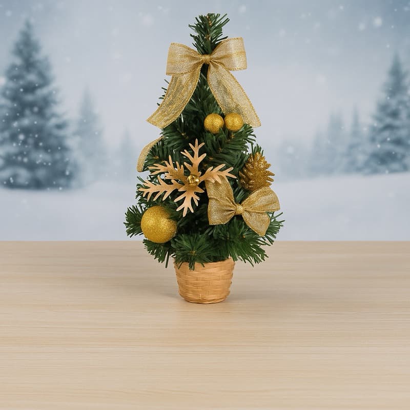 Mini Árvore de Natal com Bolas, Pinhas e Laços Dourados – Decoração Natalina Elegante