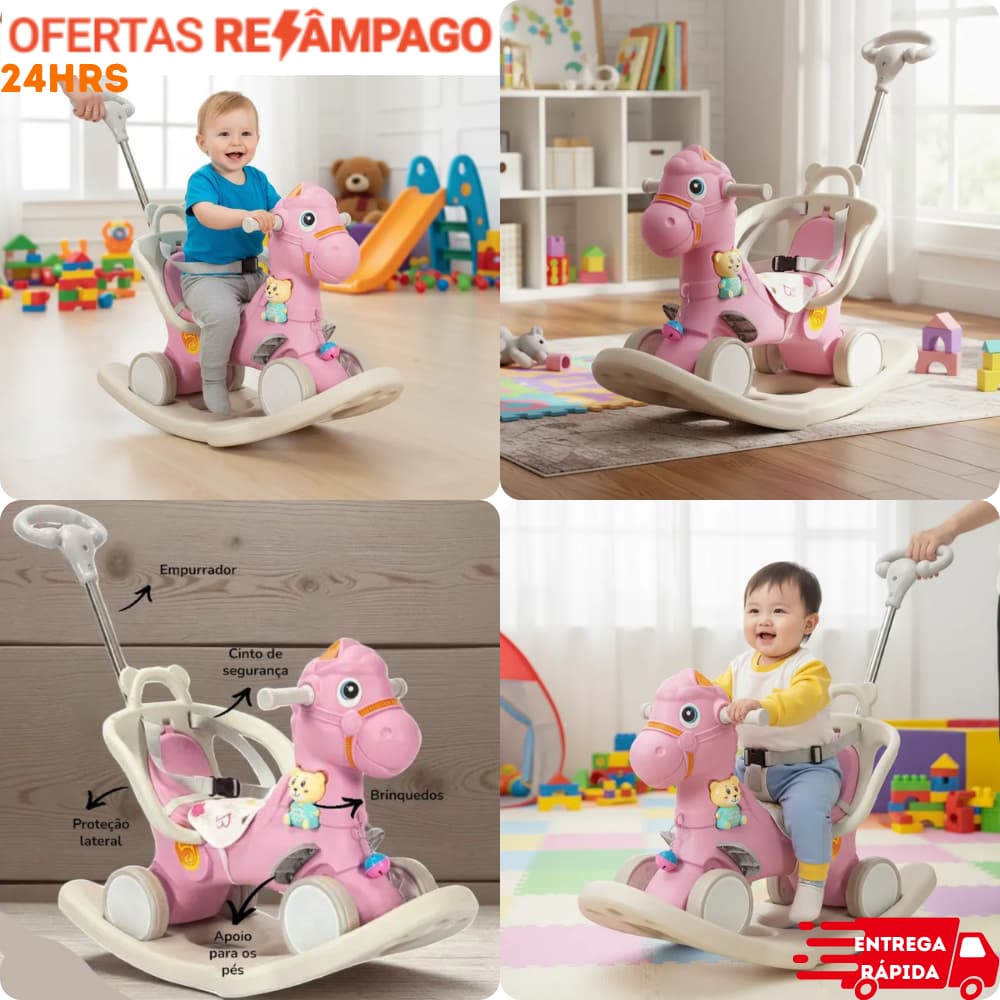 Cavalinho de Passeio e Balanço com Empurrador Gangorra Triciclo Balanço Passeio Infantil Crianças Bebê Diversão Distrair