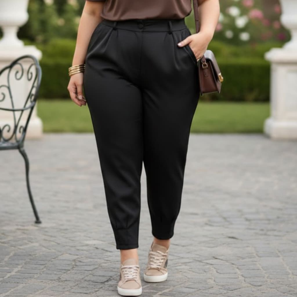 Calça Feminina Alfaiataria Com Ziper Na Barra E Bolsos Modelo Cenoura Elegante Casual Cintura Alta