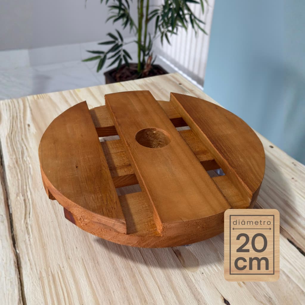 Suporte de Madeira Redondo com Rodinhas Cristal 20 cm para Vaso de Planta Interno e Externo