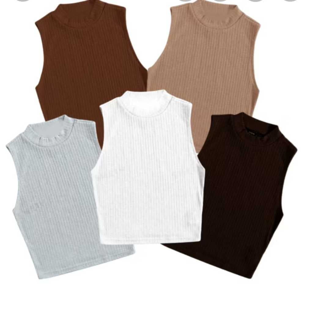Kit 5 Cropped Regata Gola Alta Canelado Blusa Feminina Blogueirinha com Proteção Uv50+