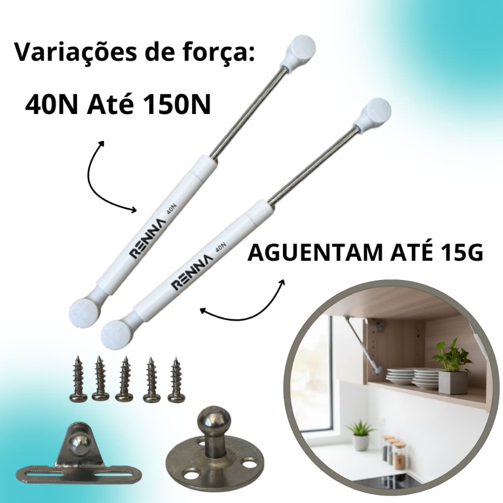 Kit Pistão A Gás Par Para Portas De Moveis Armário 40N  | 80N | 100N | 150N Cor Branca Renna