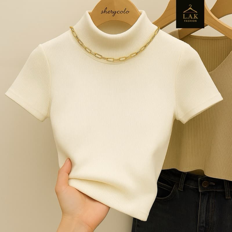 Camisa Manga Curta Feminina Canelada Ribana Gola Alta Elegante Versátil