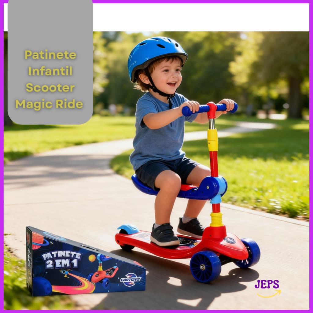 Patinete Infantil Scooter Magic Ride Dobrável 2 em 1 Com Assento Banco Selim Removível 3 Rodas Unicórnio