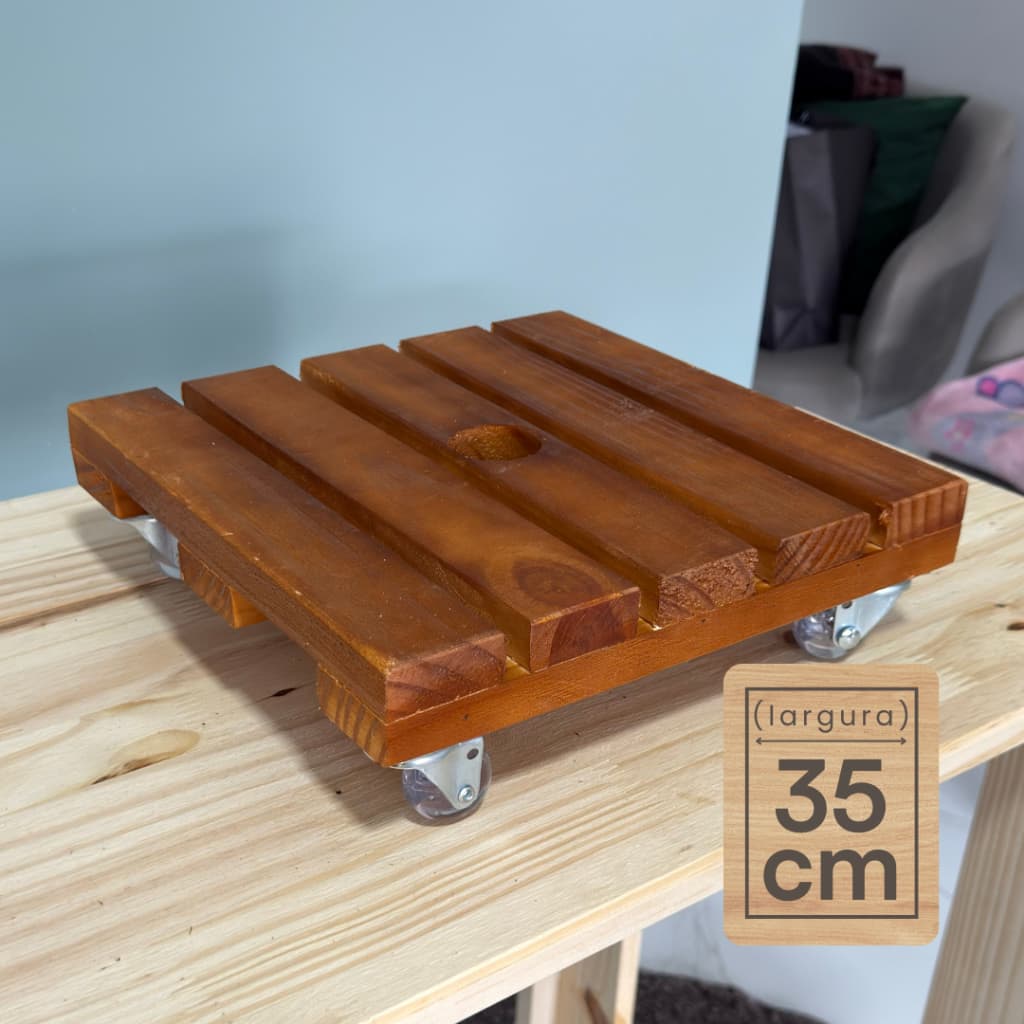 Suporte Quadrado Madeira 35cm Rodinhas Silicone Reforçado para Vasos Área Externa Não Risca o Piso