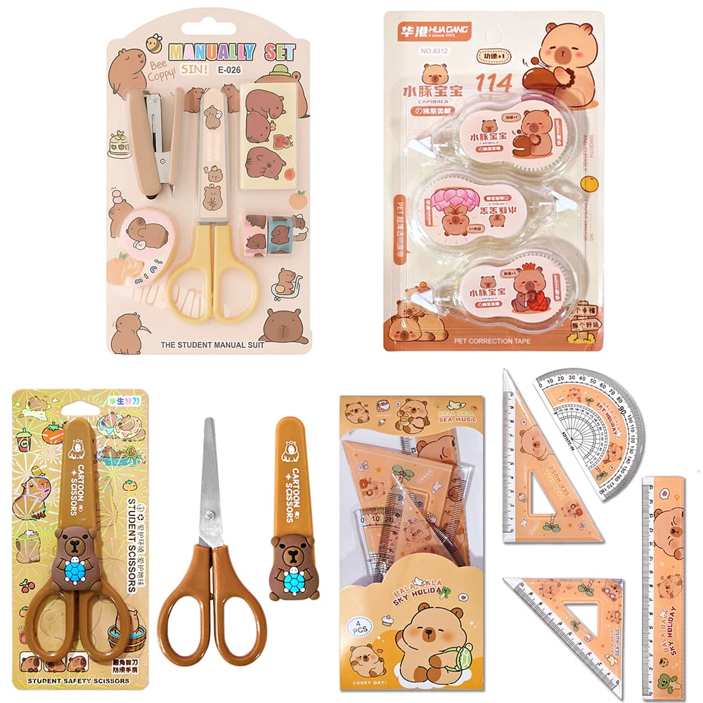 Kit Escolar Manual Capivara Feliz Kawaii Desenho Animado Infantil Conjunto Materiais Régua Grampeador Tesoura Corretivos