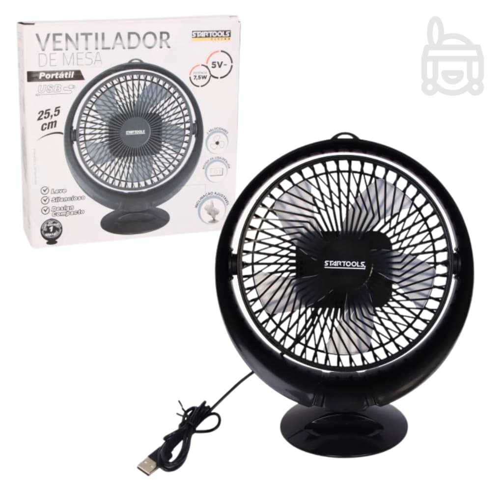 Ventilador Portátil Mesa Compacto Usb Silencioso Ajustável Preto 25cm ou 17cm