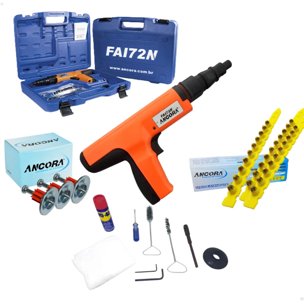 Kit Ferramenta Fixação FAI72N Âncora Ação Indireta 100 Pinos Arruela E Cartucho Fincapino Calibre 27